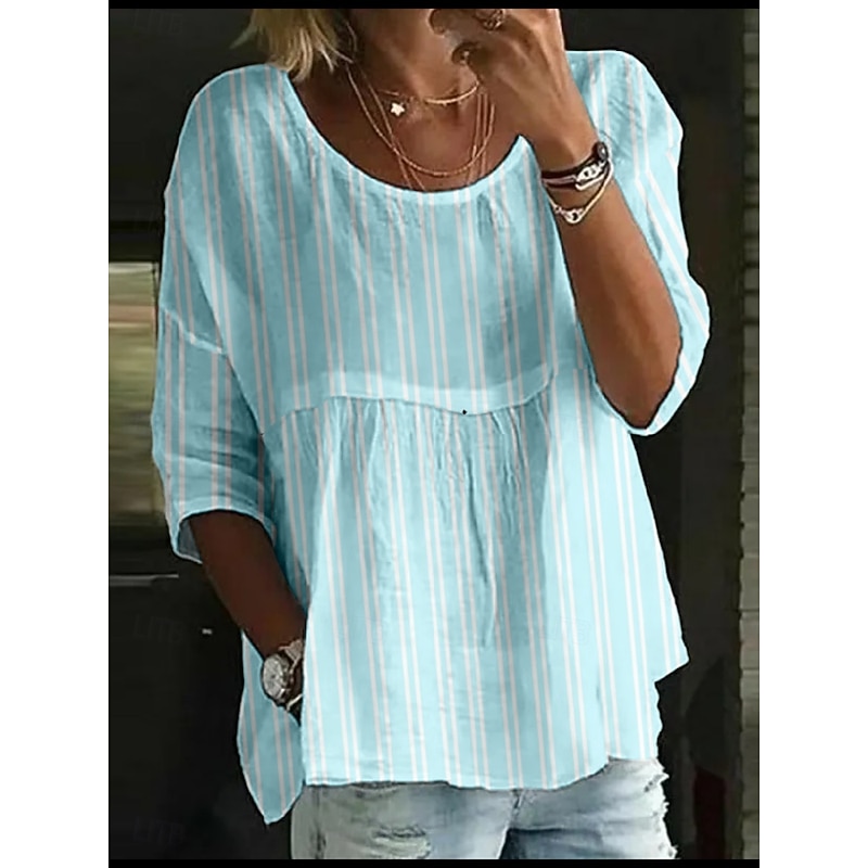 Women's Blouse Striped Stylish 3/4 Length Sleeve Crew Neck Regular Tops Daily Holiday Print White Blue Green Rainbow Summer3