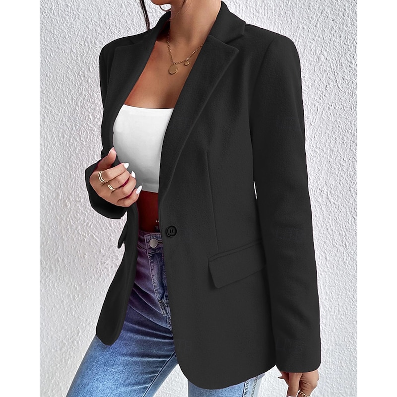 Women's Blazer Comfortable Pocket Buttons Fashion Plain Office Office / Career Single Breasted Regular Turndown Regular Fit Long Sleeve Outerwear Black Pink Rose Red Fall Winter3