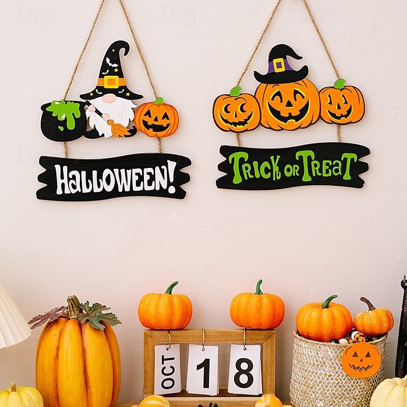 Halloween Wooden Pumpkin Gnome Hanging Ornament, Spooky Ghost Witch Letter Pendant, Haunted Party Decor3