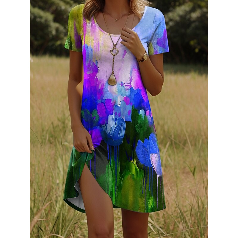 Women's Mini Dress T Shirt Dress Tee Dress Sundress Vacation Casual Going out Regular Fit Floral Graphic Abstract Short Sleeve Crew Neck Red Blue Green Summer4