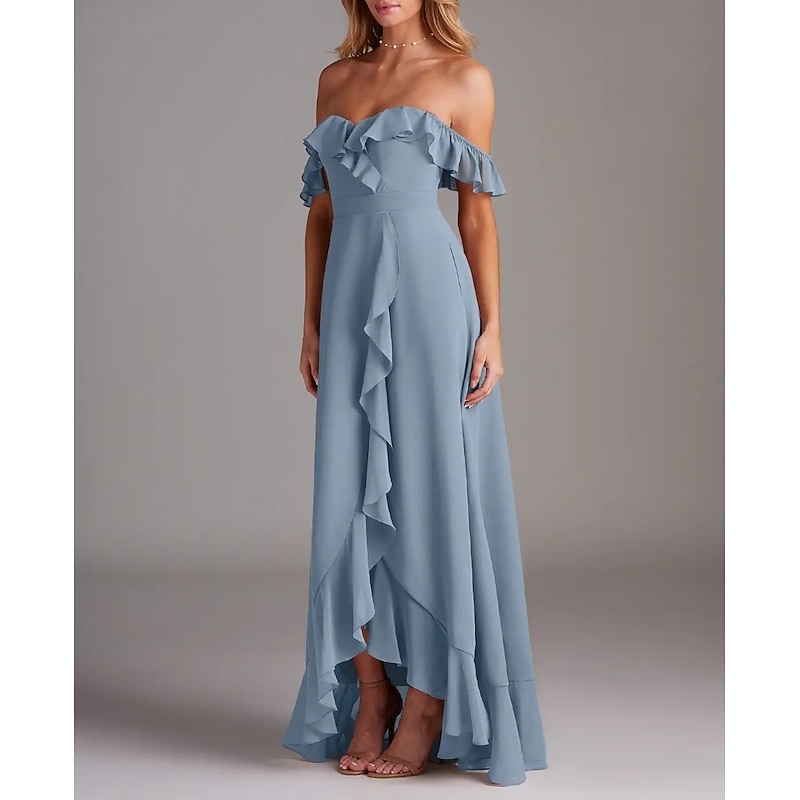 A-Line Bridesmaid Dress Sweetheart Short Sleeve Elegant Asymmetrical Chiffon with Ruffles / Split Front3