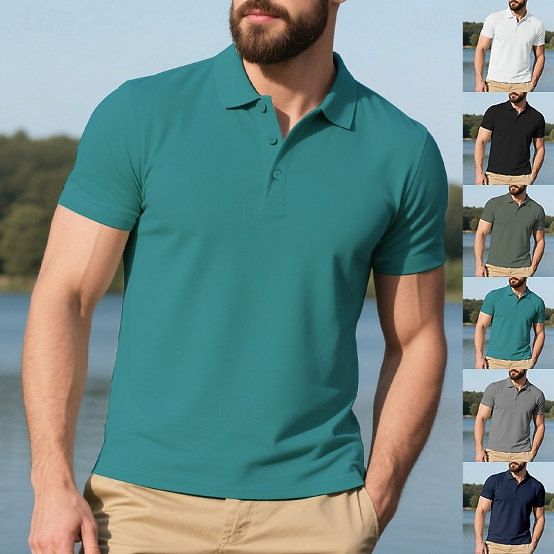 Men's Solid Color Polo Golf Shirt Short Sleeve Polo Collar Classic Business Causal Summer Spring Deep Green Lake blue White