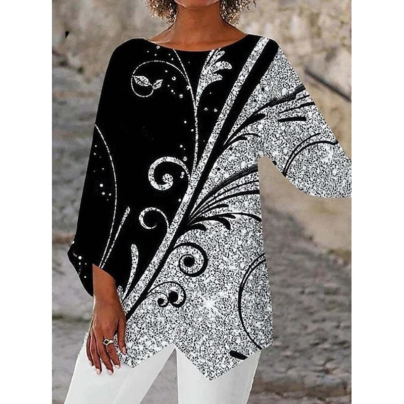 Women's Blouse Butterfly Print Daily Stylish Long Sleeve Crew Neck Regular Tops Daily Holiday Print Asymmetric Hem Silver Black and gray Black Summer Spring3