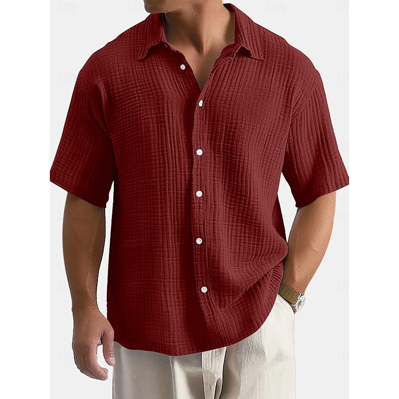 Men's Shirt Summer Shirt Beach Wear Seersucker Shirt Solid Color Vacation Street Black White Wine Navy Blue Short Sleeve Shirt Collar Summer Spring Clothing Apparel Pocket