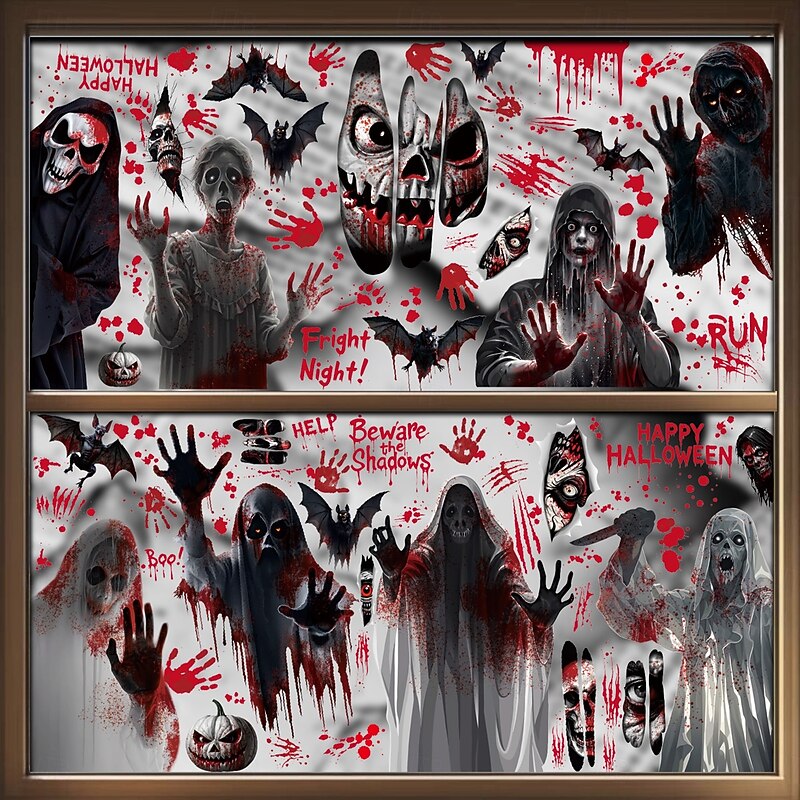 Halloween Window Cling Sticker Decals Decorations Double Side, Bloody Handprint Ghost Shadow Skeleton Static Stickers for Glass and Halloween Window Decor