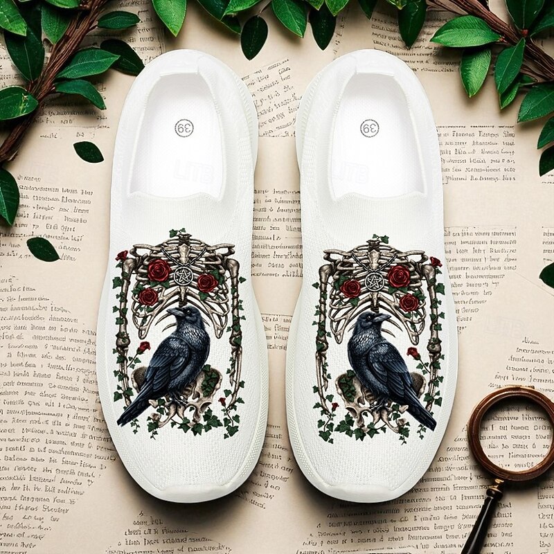 Women's Gothic Raven Skeleton Print Shoes – White Flyknit Halloween Slip-Ons for Horror Fans, Cosplay and Autumn Costume Parties Sarah Richter4