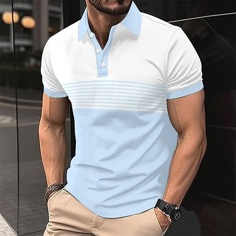 Men's Polo Button Up Polos Casual Sports Lapel Short Sleeve Fashion Basic Stripes Buttons Summer Spring Blue Green Polo