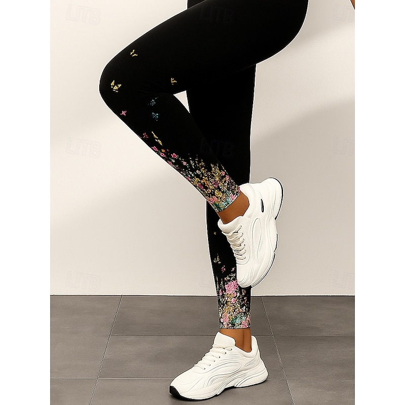 Women's Leggings Elegant Vacation Fashion Ankle-Length High Waist Floral Graphic 3D Print Quick Dry Breathability Soft Stretchy Outdoor Home Causal Black White Fall Slim Fit4