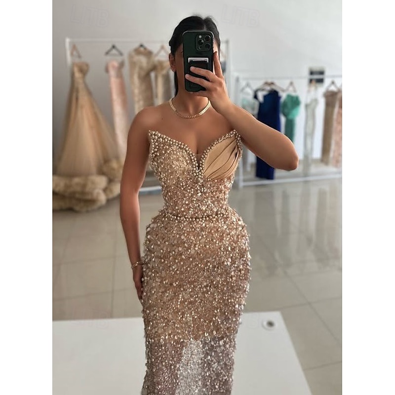 Column Sequined Evening Gown Vintage Dress Carnival Formal Floor Length Sleeveless Sweetheart with Glitter