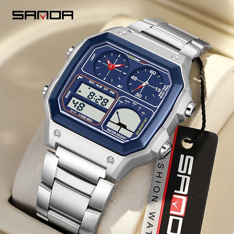 SANDA Men Digital Watch Outdoor Fashion Casual Wristwatch Luminous Stopwatch Alarm Clock Three Time Zones Steel Silicone Gel Watch4
