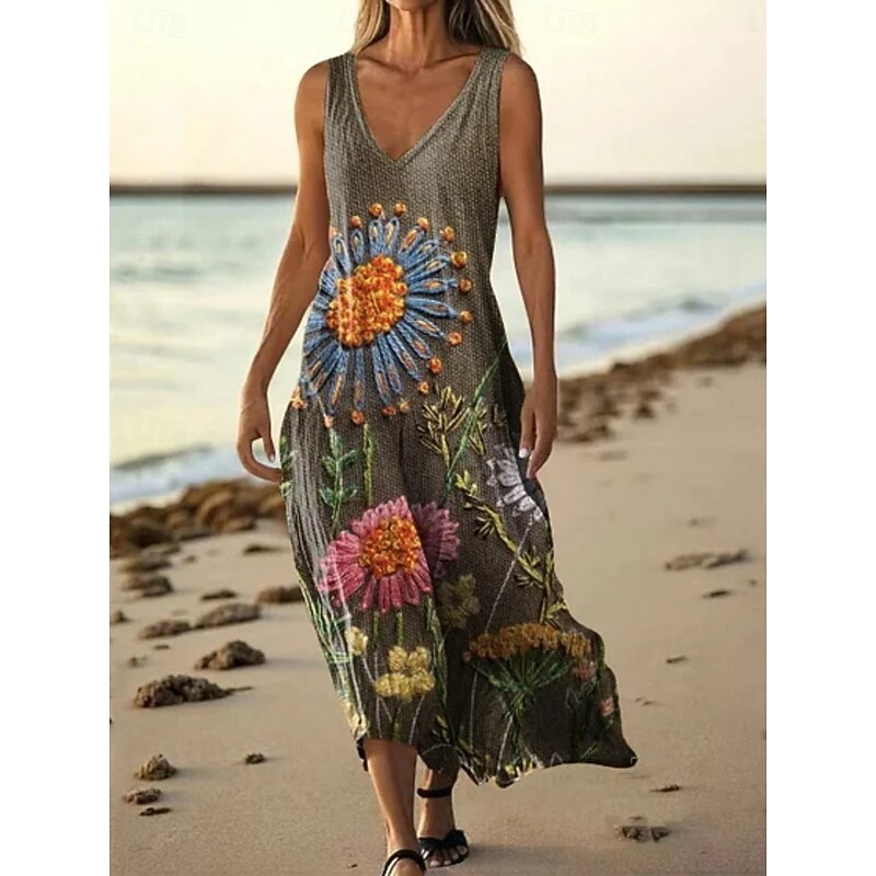 Women's Long Dress Maxi Dress Casual Dress Tank Dress Summer Dress African Daily Holiday Beach Regular Fit Floral Sleeveless V Neck White Purple Green Dark Purple Summer2