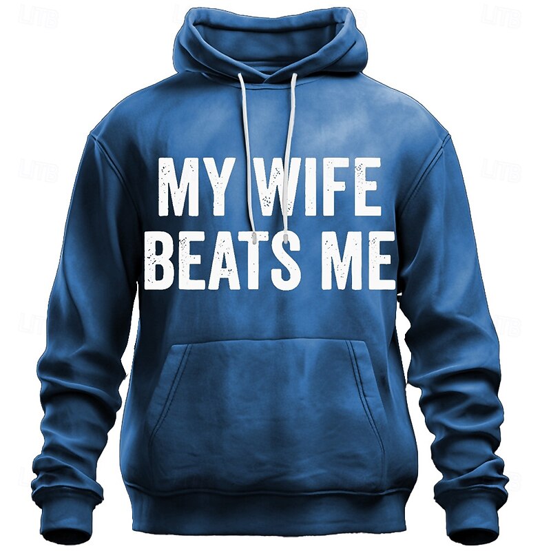 Men's Funny 'My Wife Beats Me' Graphic Hoodie, Humorous Marriage Relationship Pullover, Novelty Husband Gift3