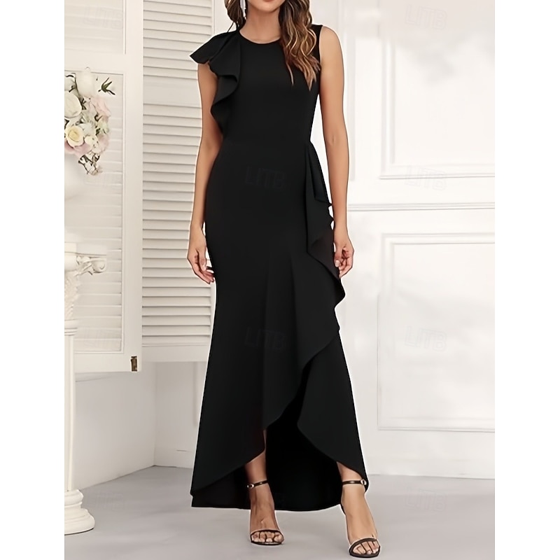 A-Line Wedding Guest Dresses Elegant Dress Wedding Guest Engagement Asymmetrical Sleeveless Crew Neck Stretch Crepe with Ruffles Slit