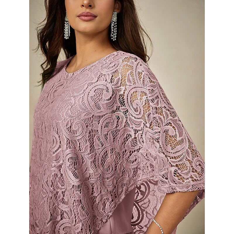 Women's Blouse Dressy Tops Plain Elegant Half Sleeve Crew Neck Regular Tops Wedding Guest Daily Lace Patchwork Layered Blush Pink Summer Spring4