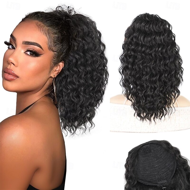 Black Ponytail Extension 14 Inch Curly Drawstring Ponytail for Women Clip in Fake Ponytail Synthetic Curly Pony Tails Hair Extensions