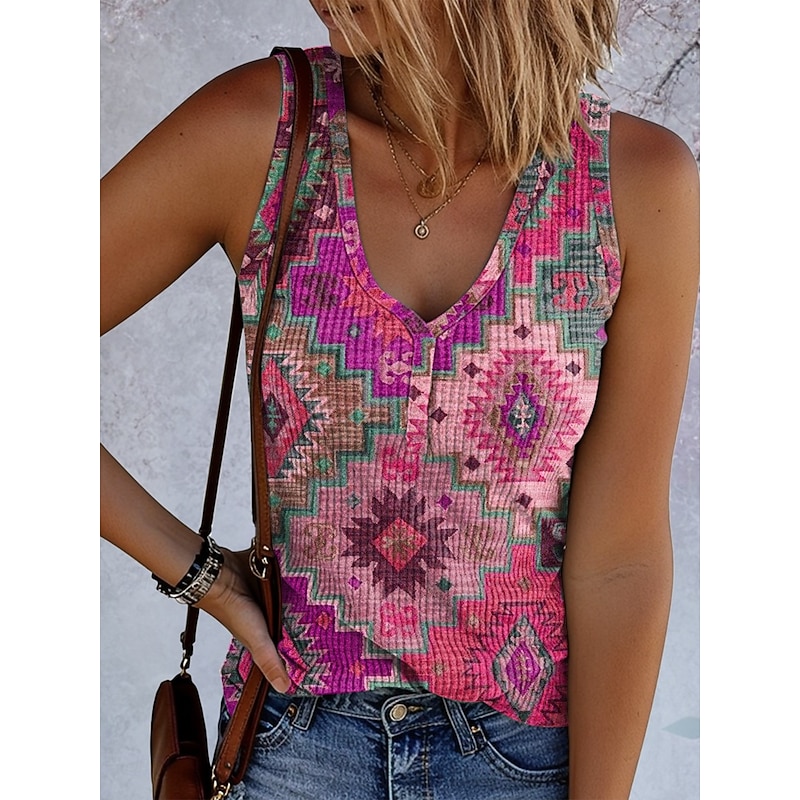 Women's Camisole Tank Top Graphic Geometric Vintage Stylish Ethnic Sleeveless V Neck Regular Tops Daily Print Blue Purple Brown Green Summer Spring4