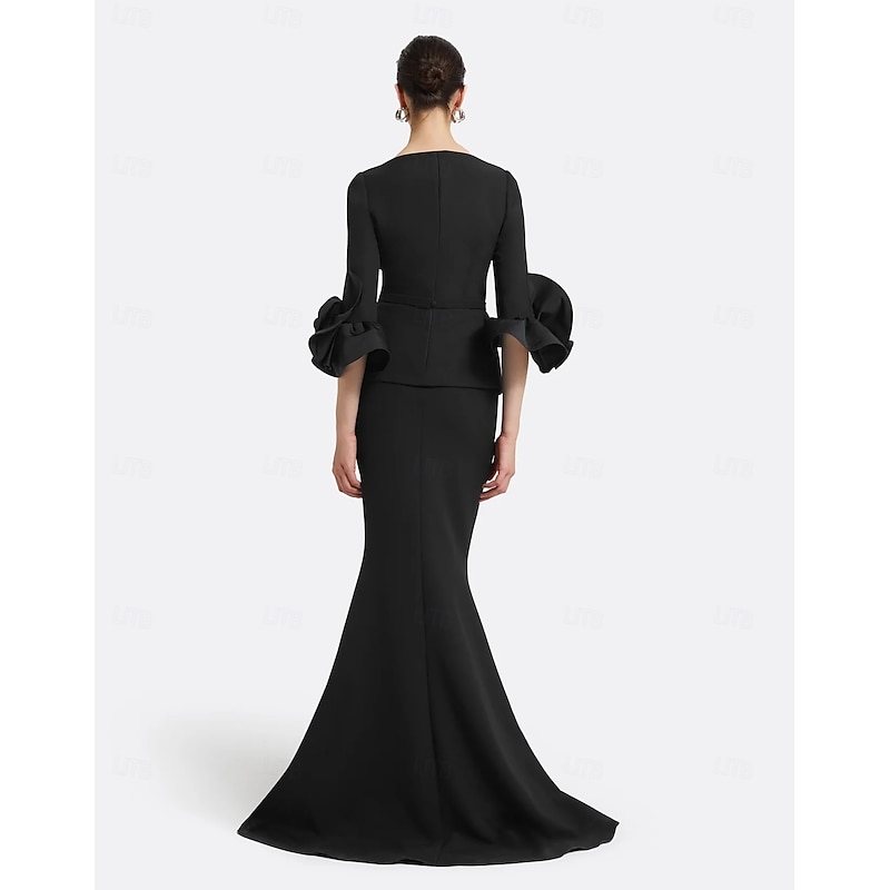 Black Mermaid / Trumpet Evening Gown Elegant Dress Formal Floor Length Long Sleeve V Neck Stretch Crepe with Ruched2