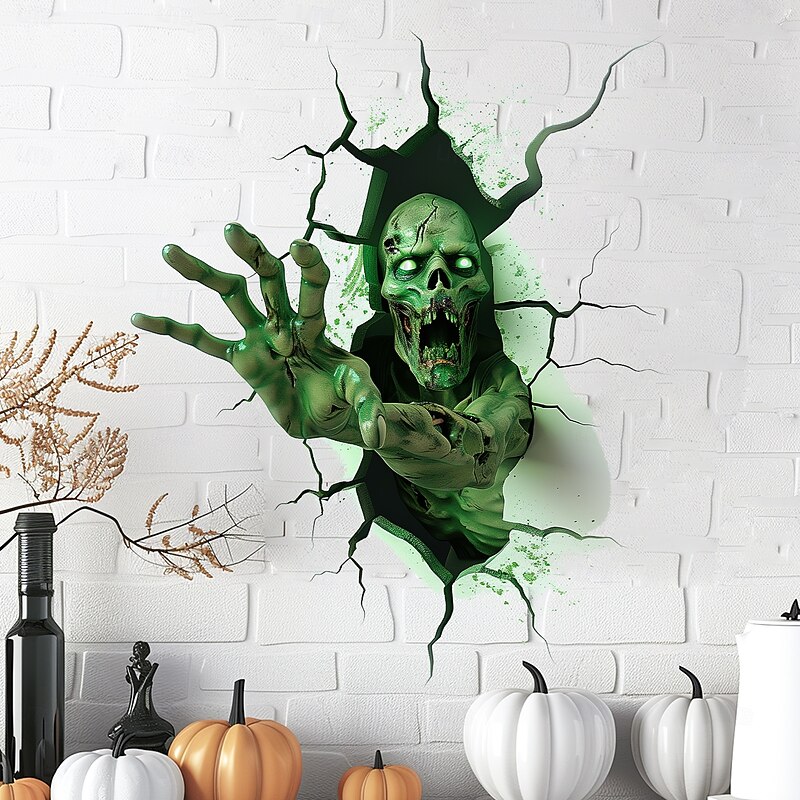 Halloween Wall Decal Sticker 3D Scary Green Skull Breakthrough Design, Self-Adhesive Wall Decor for Bedroom and Living Room