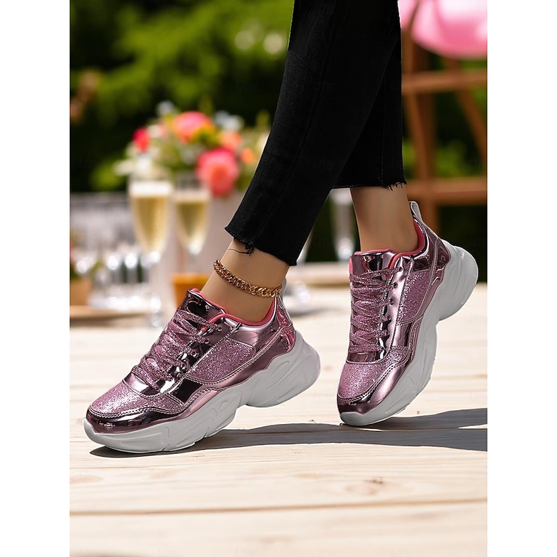 Women's Glitter Chunky Platform Sneakers with Metallic Finish, Fashion Lace-Up Party Shoes for Nightlife and Club Outfits2