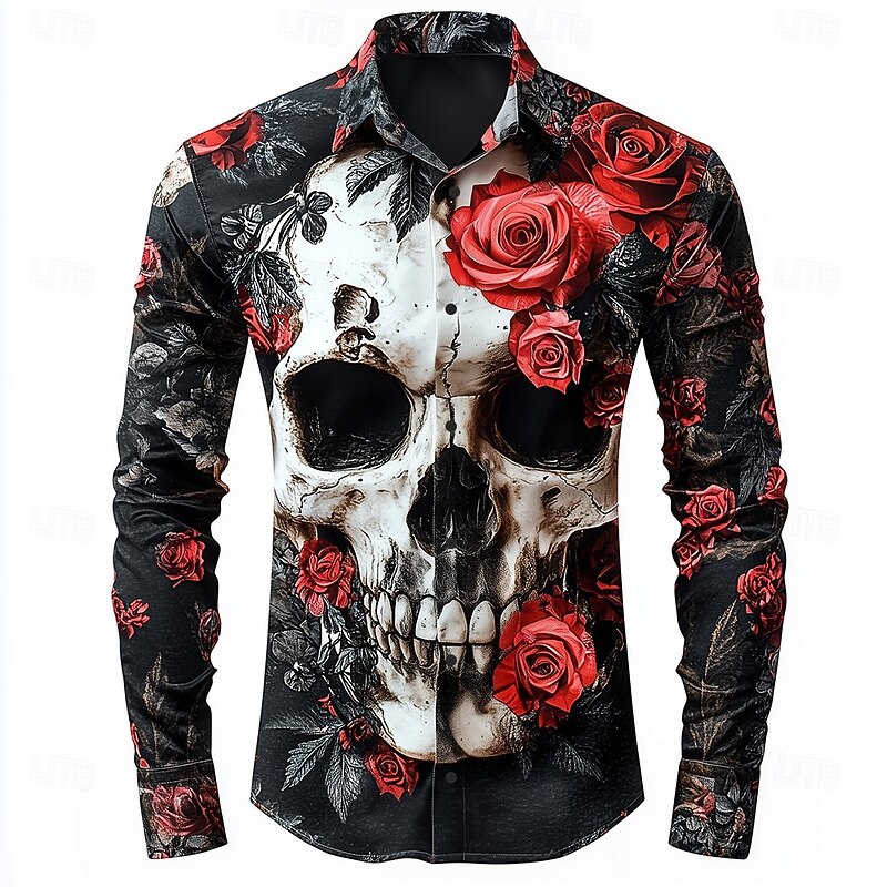 Men's Skull Romantic Halloween Costumes Shirt Button Up Shirt Long Sleeve Gothic Style Holiday Streetwear Summer Spring Turndown 3D Print Collared Shirts Black White
