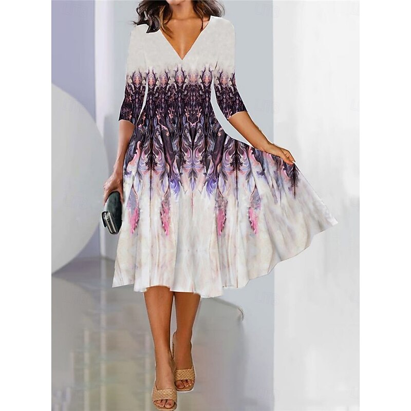 Women's Maxi Dress A Line Dress Semi Formal Office Regular Fit Floral 3/4 Length Sleeve V Neck Black Blue Purple Green Spring Fall3