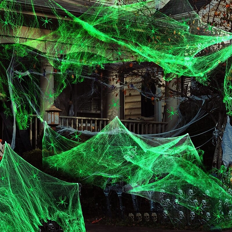 Halloween Glow in The Dark Spider Web Fake Cobwebs Stretch Green Spider Webs for Halloween Outdoor Indoor Home Decorations Creepy Party Decor