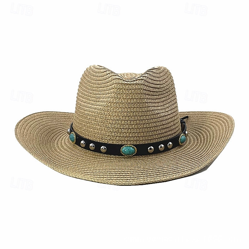 Straw Hat With Curled Brim And Leather Belt, Paper-Woven Straw Hat, Cowboy Hat, Sun Hat, Sun Protection Gentleman Hat2