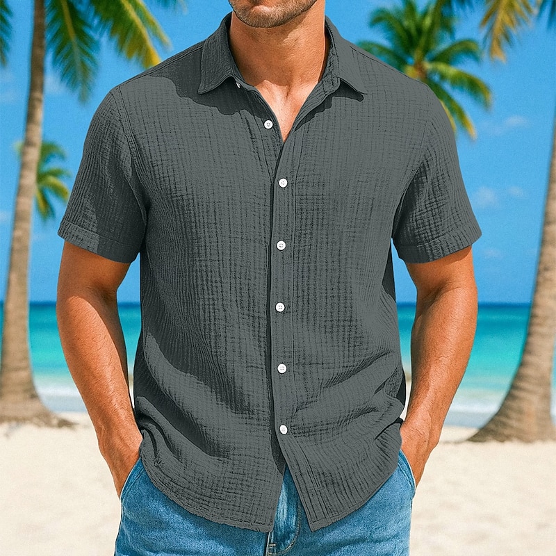 Men's Shirt Linen Shirt Summer Shirt Beach Shirt Plain Vacation Casual White Blue Brown Green Short Sleeve Collar Summer Spring Clothing Apparel Pocket4