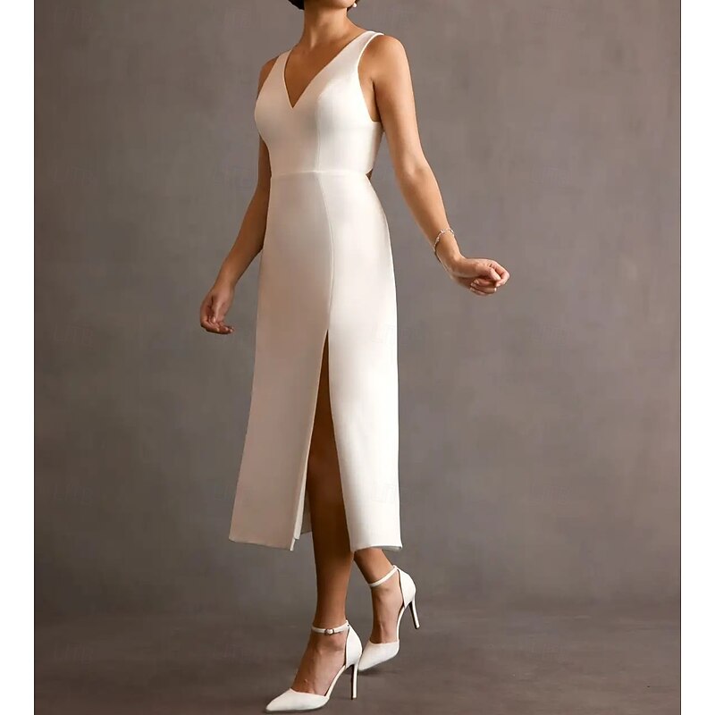 Engagement Little White Dresses Wedding Dresses A-Line V Neck Sleeveless Tea Length Stretch Fabric Bridal Gowns With Bow(s) Split Front3