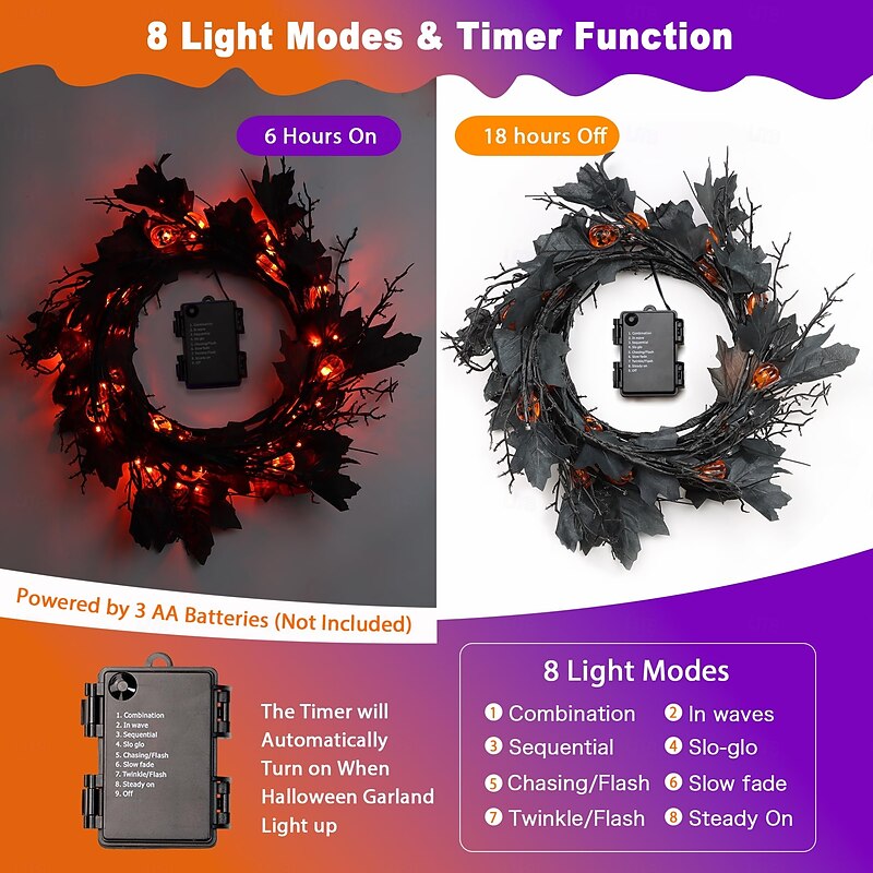 1.8M/6Ft 54 LED Beads Halloween String Lights Black Willow Lantern Pumpkin Bat Maple Leaf Wall Desktop Halloween Party Atmosphere Decorative Light AAA Waterproof Battery Box4