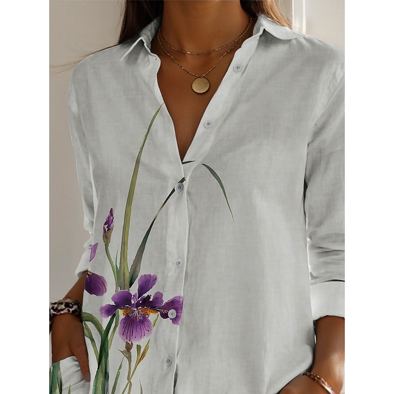 Women's Linen-Inspired Shirts Floral Active Daily Stylish Long Sleeve Shirt Collar Regular Tops Daily Holiday Buttons Print White Spring Fall4