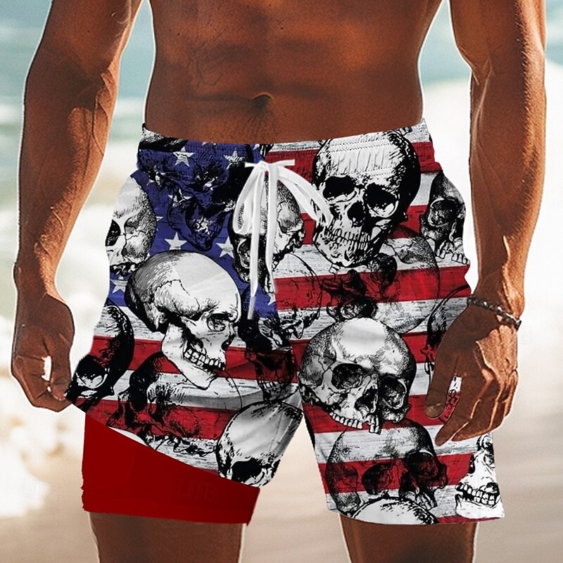 Independence Day Men's US Flag Patriotic Skulls Lined Shorts 2 in 1 Board Shorts Swim Trunks Mid Waist Holiday Side Pockets With Compression Liner Elastic Drawstring Waist Designer Clothing Apparel3