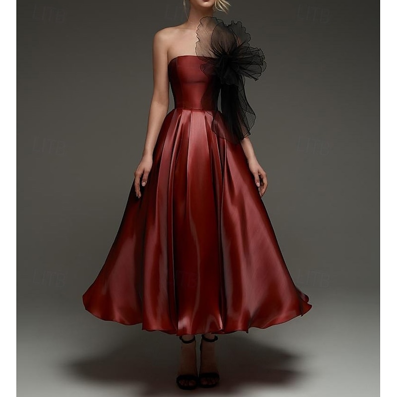 A-Line Cocktail Dresses Elegant Gown Formal Wedding Tea Length Midi Length Sleeveless Strapless Organza with Shouder Flower and Pockets4