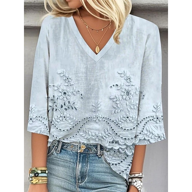 Women's Blouse Button Down Floral Graphic Elegant Stylish Casual 3/4 Length Sleeve V Neck Regular Tops Daily Holiday Going out Print White Pink Blue Summer Spring