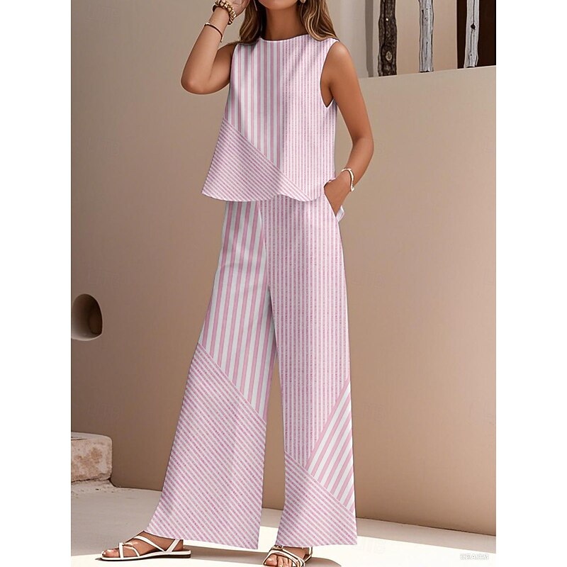 Women's Elegant Fashion Streetwear Two Piece Sets Blouse Vest Pants Trousers Sleeveless Crew Neck Outdoor Work Casual Striped Print Vacation Daily Holiday Pink Blue Green Summer Regular Fit2
