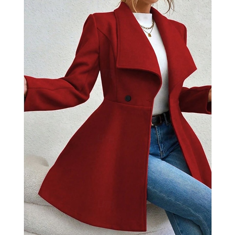 Women's Coat Warm Comfortable Pocket Buttons Fashion Plain Outdoor Vacation Double Breasted Long Turndown Regular Fit Long Sleeve Outerwear Black Red Camel Fall Winter3