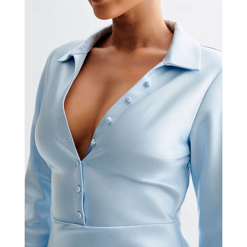 Shirt Dress Mermaid / Trumpet Mother of the Bride Dress Elegant V Neck Shirt Collar Floor Length Satin Stretch Satin Long Sleeve with Slit4