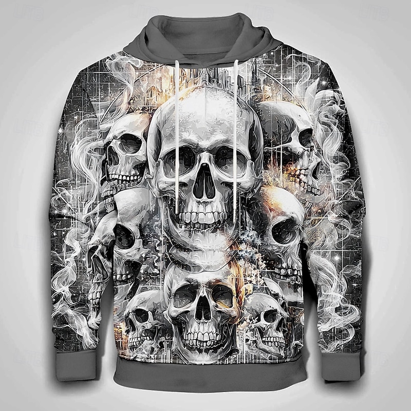 Men's Skull 3D Hoodies Sweatshirt Cool Party Long Sleeve Crew Neck Club Streetwear Black Drawstring Graphic Fall Winter Designer
