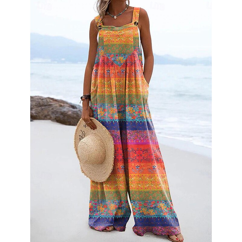 Women's Dungarees Active Floral Sleeveless Wide Leg Vacation Street Loose Fit Yellow Pink Red Summer