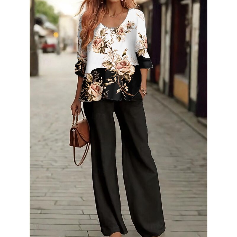 Women's Blouse 3/4 Length Sleeve U Neck Ombre Floral Graphic Print Outdoor Vacation Casual Black Light Green Sky Blue Summer Loose Fit4