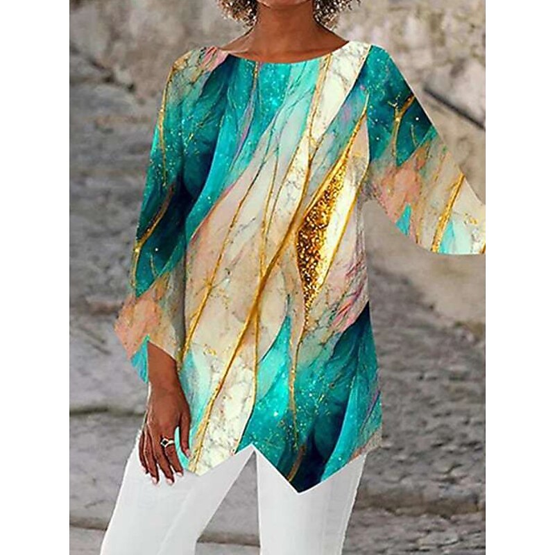 Women's Blouse Print Abstract Daily Stylish Long Sleeve Crew Neck Regular Tops Daily Holiday Print Asymmetric Hem Green Summer Spring