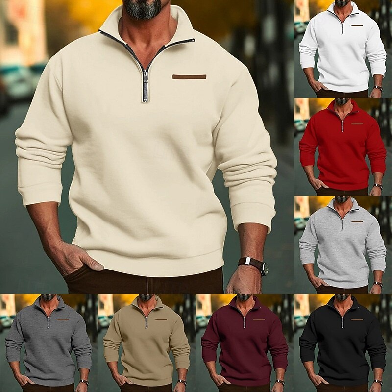 Men's Quarter Zip Hoodie Fleece Hoodie Apricot Wine Red Black White Red Standing Collar Half Zip Plain Quarter Zip Sports & Outdoor Casual Daily Streetwear Cool Sportswear Fall & Winter All Seasons