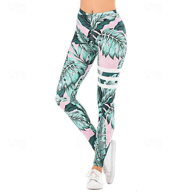 Women's Slacks Leggings Cozy Leggings Streetwear Casual Full Length Natural Floral Elastic Waist Print Comfy Outdoor Comfortable Outdoor Vacation Holiday Light Sky Blue Navy Blue Green Fall Regular4