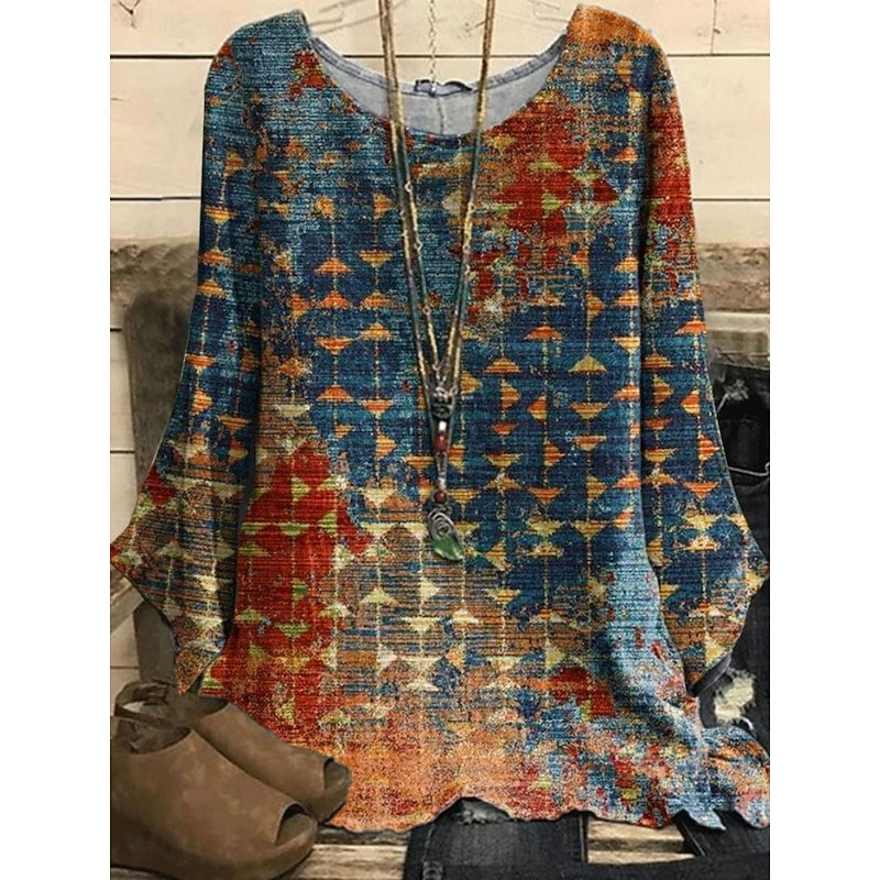 Women's Shirt Floral Geometric Vintage Daily 3/4 Length Sleeve Crew Neck Regular Tops Daily Holiday Print Navy Blue Blue Purple Green Summer3