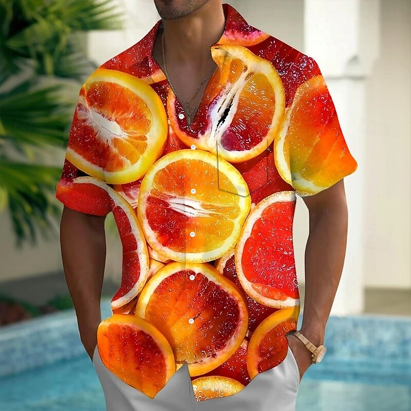 Men's Fruit Orange Summer Hawaiian Shirt Button Up Shirt Aloha Shirt Short Sleeve Hawaiian Holiday Beach Wear Summer Spring Turndown 3D Print Collared Shirts Front One Pocket Yellow Orange2