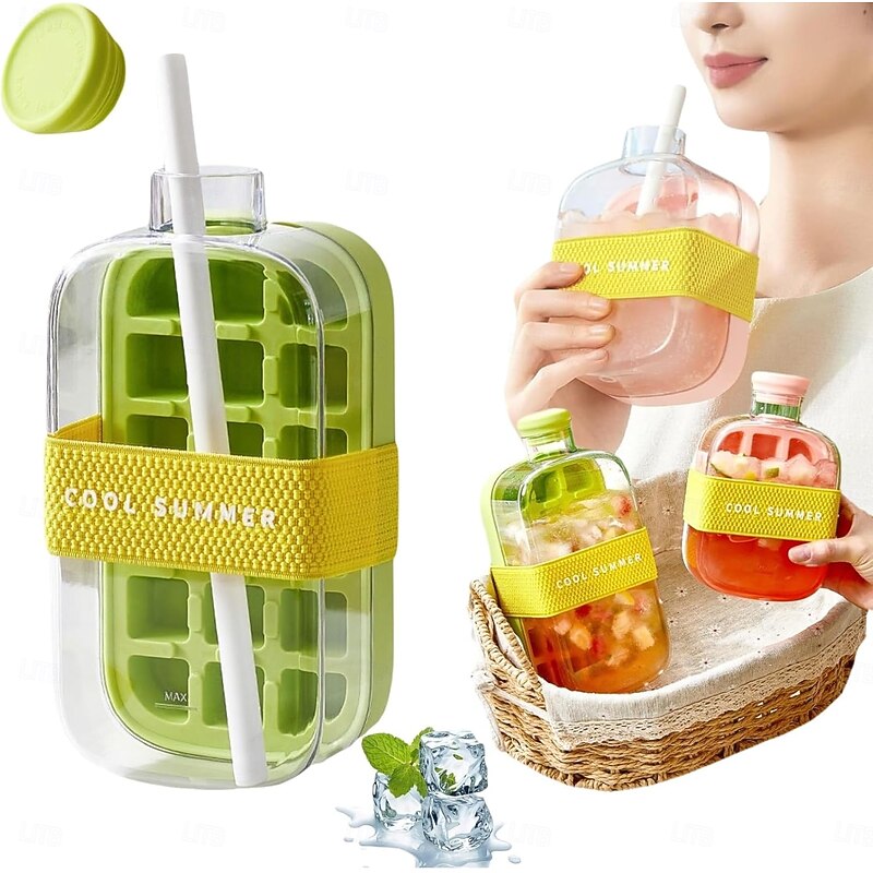 Ice Cube Bottle with Straw for Cool Summer, My Crush Cup Ice Cube Trays for Water Bottles, 2 in 1 Portable Touch-Free Ice Maker Kettle with Lid and Bin for Quick Ice Making