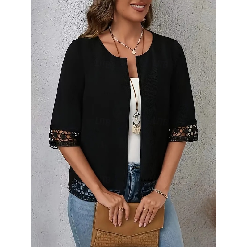 Women's Casual Jacket Breathable Comfortable Patchwork Cut Out Elegant Casual Plain Vacation Street Casual Daily Wear Open Front Regular Crewneck Regular Fit Half Sleeve Outerwear Black Summer Spring3