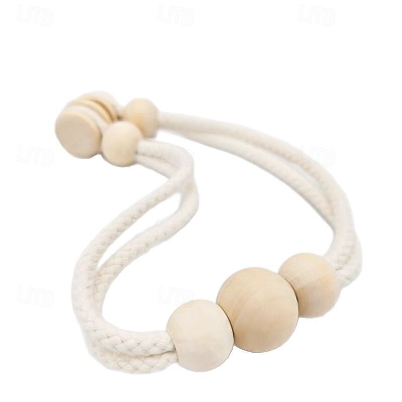 Boho Wooden Ball Curtain Tiebacks with Wood Beads Handmade Weave Rope Curtain Holders Window Drapes Holdbacks Strap Beige3