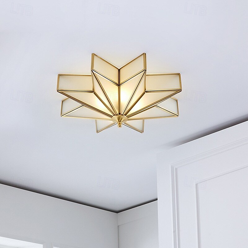 Modern 4-Light LED Ceiling Light Beveled Frosted Glass Flush Mount, Traditional Brass Star Close to Ceiling Lighting Fixture, Decorative Pendant Light for Living Room4