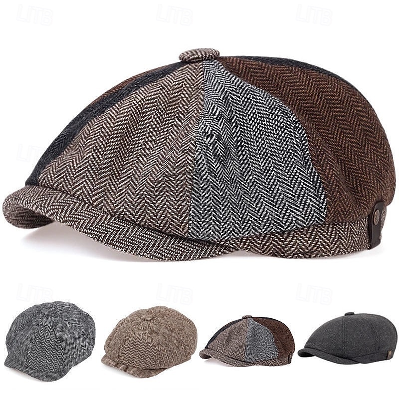 Men's Vintage Patchwork Herringbone Flat Cap – Classic Tweed Newsboy Hat for Autumn and Winter